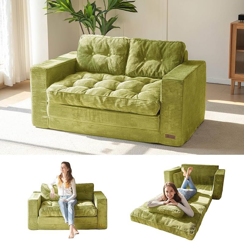 MAXYOYO Convertible Sofa Bed, Pull Out Loveseat Sofa Couch, 2 in 1 Folding Couch Bed, Fold Out Floor Couch with Pillows for Living Room Bedroom Lounge, Green - Product Image