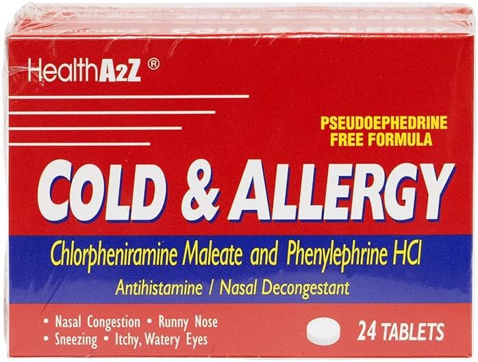 HealthA2Z Cold & Allergy Relief, Chlorpheniramine Maleate & Phenylephrine HCL, Dye Free, 24 Tablets x 3pack (72 Tablets) - Product Image