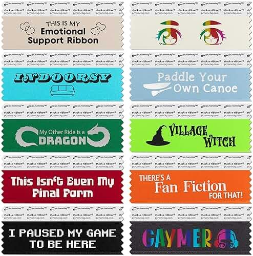 pc/nametag 4 Inch Pop Culture Anime Badge Ribbons with Adhesive for Fan Cons, 100 Pack with 10 Titles for Nametags 4 Inches or Wider, Conventions, Cosplay - Product Image