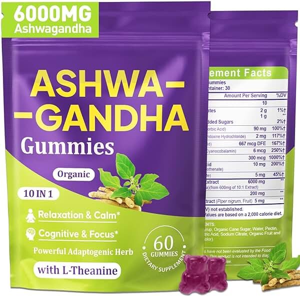 Ashwagandha Gummies for Women & Men, 10 in 1 Ashwagandha Supplements for Stress*, Relaxation*, Cortisol, Cognitive, Zzz, Immune, with L Theanine, Vitamin B6, Black Pepper, Berry Flavor, 60 Count - Product Image
