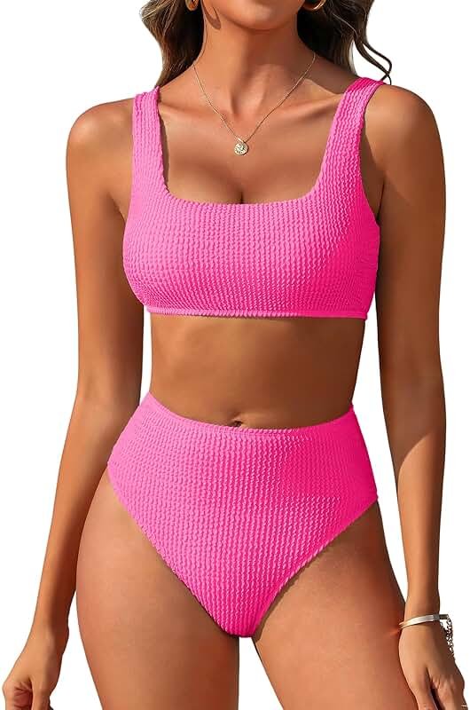 ANRABESS Women’ Two Piece Bikini Sets， High Waist Square Neck Swimsuits ，Ribbed Textured Comfy Bathing Suits，Beach Swim Wear - Product Image