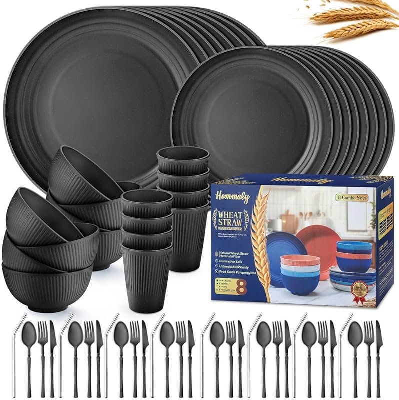 Wheat Straw Dinnerware Sets,64-Piece Black Plates and Bowls Sets for 8-Unbreakable,Reusable Plastic Dish Set-Dinner Plate/Dessert Plate/Cereal Bowl/Cup/Utensils-Microwavable Dishwasher Safe 64P-BLACK - Product Image