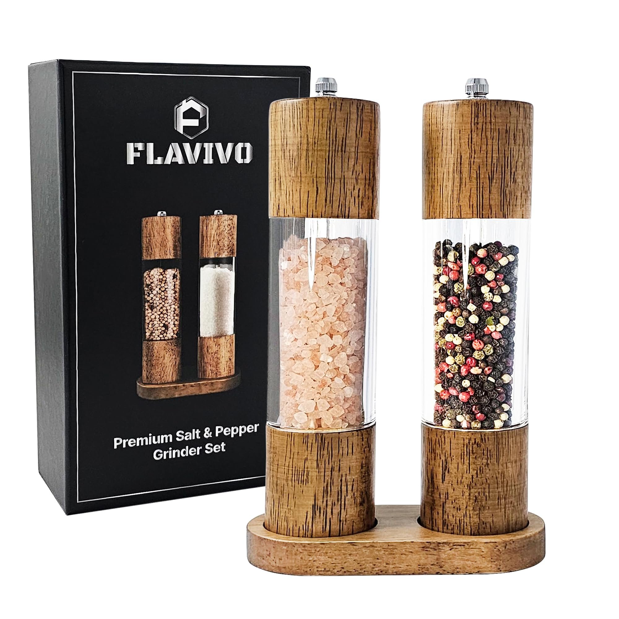 FLAVIVO Wooden Salt and Pepper Grinder Set, Manual Premium Acrylic Salt and pepper Mills with Adjustable Ceramic Core and Wooden Stand, 8-Inch Refillable Giftable Shakers (2 Pieces with Tray) - Product Image