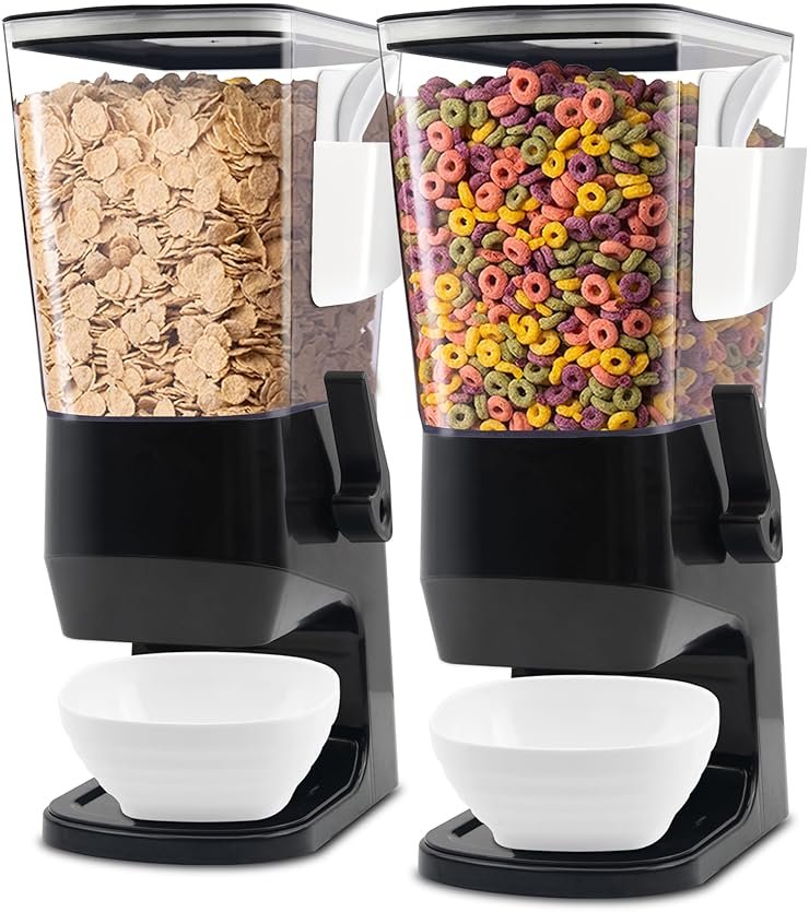 Cereal Dispenser Countertop Black 2 Pack, Dry Food Dispenser with Bowls Spoons Cutlery Box, 3.2L Cereal Containers Storage Food Dispenser, for Pantry Kitchen Organization Oatmeal Nut Granola - Product Image