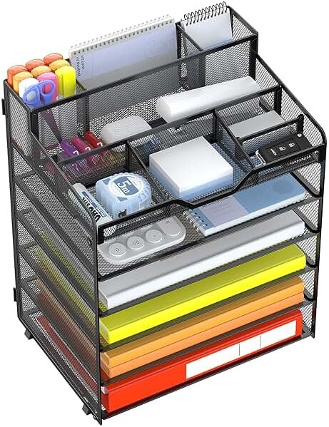 Docnest 6 Tier Mesh Desk Organizer for Paper Office Supplies – Multi-Functional Letter Tray with 5 Adjustable Compartments, 3 Pen Holders, Desktop Storage for Files, Mail, Stationery – Black - Product Image