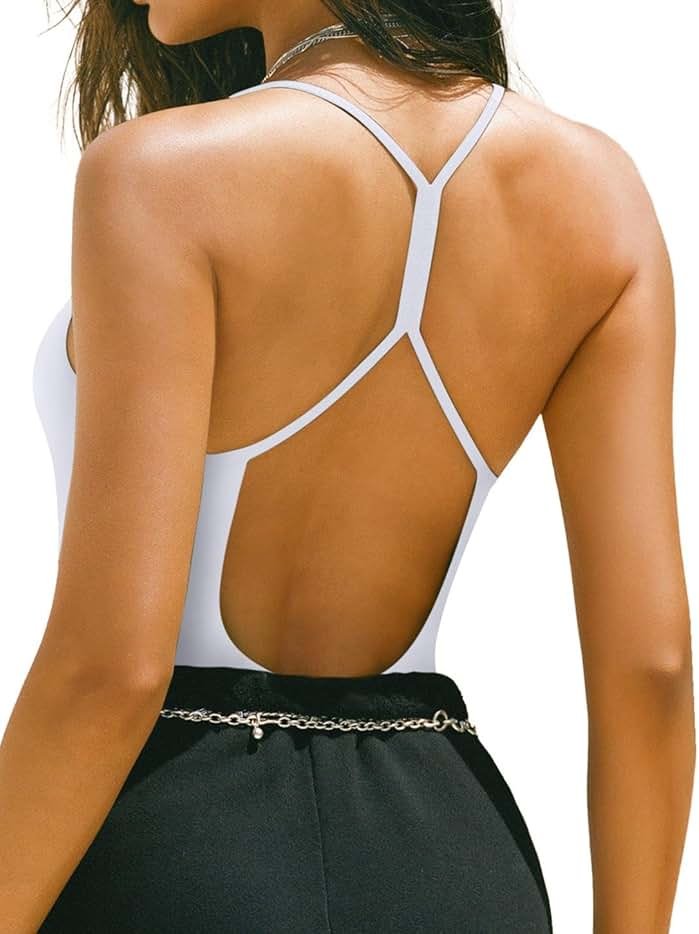 REORIA Women's Sexy Scoop Neck Backless Bodysuits Open T-Back Cami Sleeveless Bodysuit Tank Top Trendy - Product Image