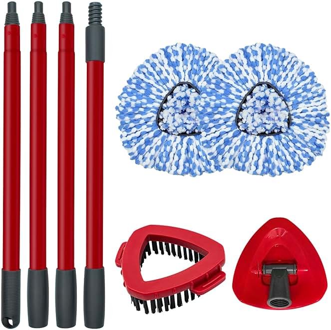 Spin Mop Replace Head, Base, Scrubber, Mop Handle for OCedar RinseClean 2-Tank System, Include 2 Microfiber Mop Refills, 1 Mop Handle, 1 Base and 1 Scrub Brush for Dry Wet Use Floor Deep Cleaning - Product Image