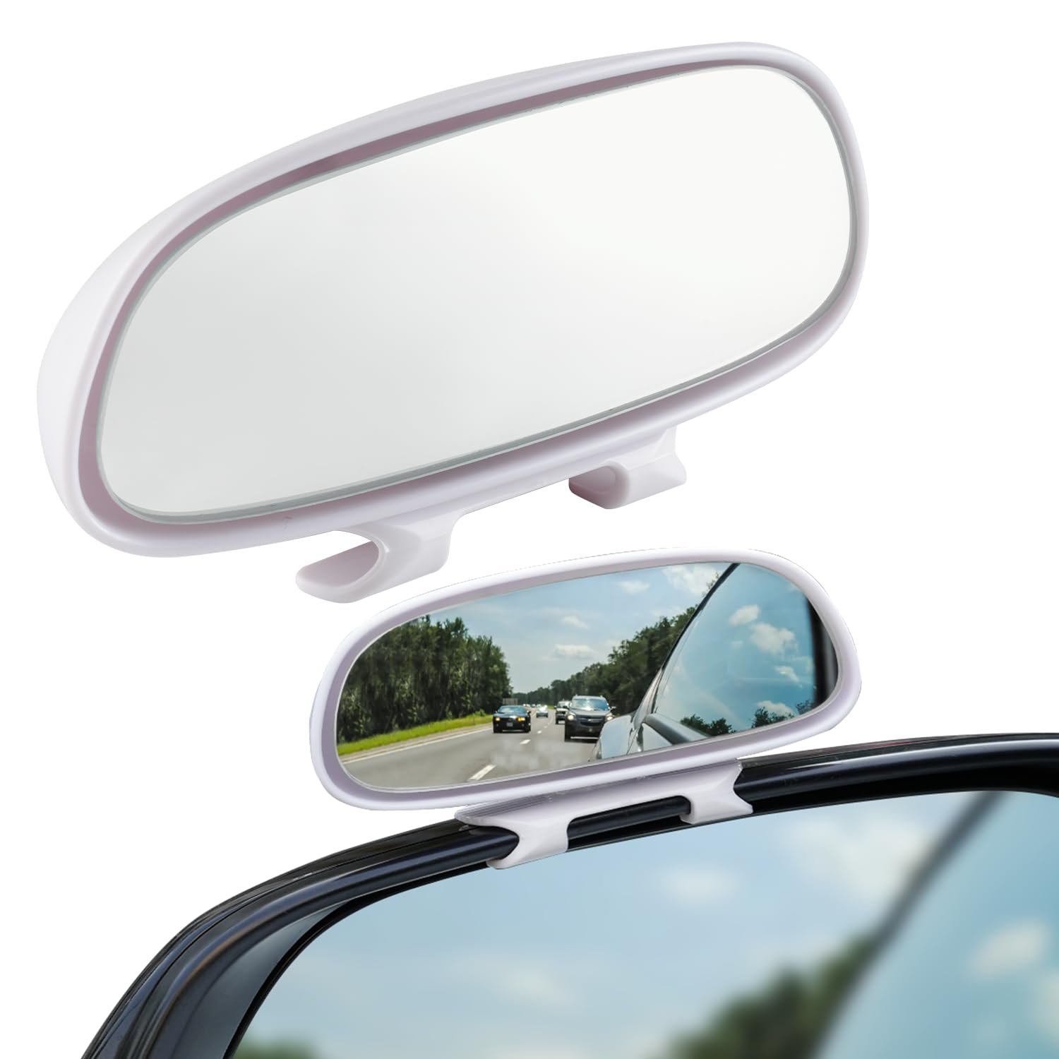 LivTee Clip on Blind Spot Mirror, HD Glass Frameless Convex Rear View Mirrors Exterior Accessories with Wide Angle Adjustable Stick for Car SUV and Trucks, White - Product Image
