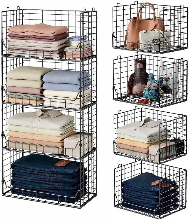Jakyitvi 4-Tier Extra Height Stackable Closet Organizer – Foldable Storage Bins for Sweaters, Jeans, and Clothes – Sturdy Iron Mesh Shelves for Neat and Efficient Closet Storage – Black - Product Image