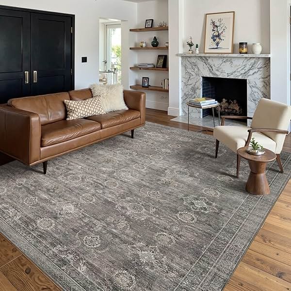 Rugxara Area Rugs 5x7 for Living Room Bedroom, Grey Washable Rug, Vintage Retro Boho Rug, Non Slip & Low Pile Faux Wool Thin Carpet for Indoor Dining Room, Dorm and Kids Room(Taupe/Grey 5x7ft) - Product Image