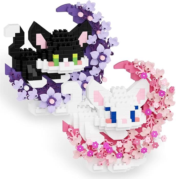 TENYEAH 2 in 1 Mini Building Block Set Animals with Flower and Moon, Micro Brick Toy Cats, Creative Art Craft and Home Decor, Birthday Gifts Idea for Adults - Product Image