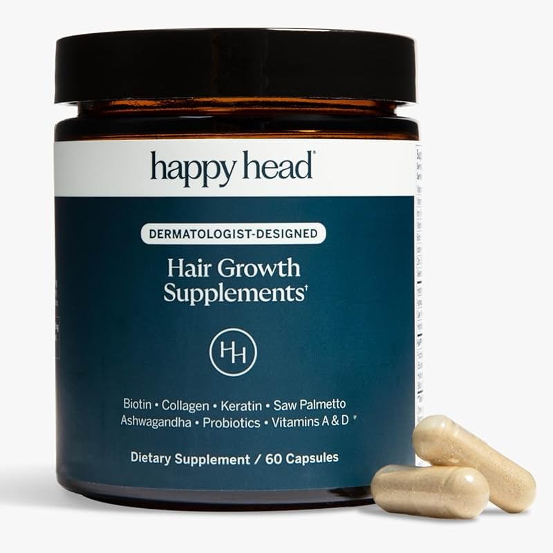Happy Head Hair Supplement Capsules for Men & Women with Biotin, Collagen, Keratin, Ashwagandha, Vitamins D, Vitamin A, & Saw Palmetto, Daily Hair Care Support Formula, 1 Month Supply, 60 Capsules - Product Image