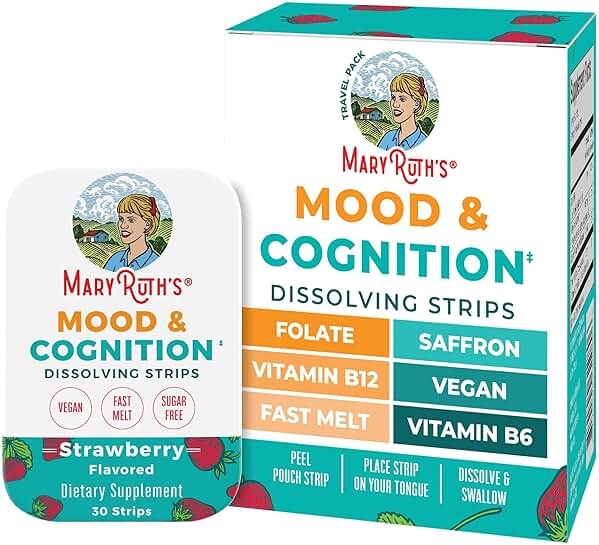 Mood & Cognition Dissolving Strips by MaryRuth's | Vitamin B12 | Vitamin B6 | Saffron | Folate | B Vitamins | Sugar Free | Strawberry Flavor | Vegan | Gluten Free | Dairy Free | 30 Count - Product Image