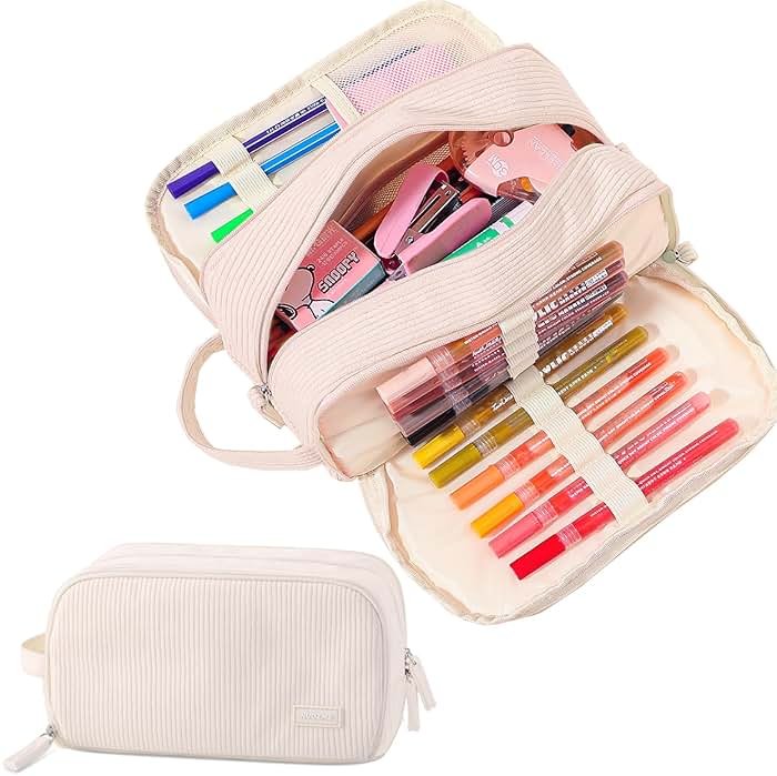 Nuozme 3 Compartment Pencil Case, Extra Large Capacity School Supplies Pencil bag with Easy Handle, Soft Corduroy Pencil Pouch, Aesthetic Supply Pen Case Bag Organizer For Teen Girls College (Beige) - Product Image