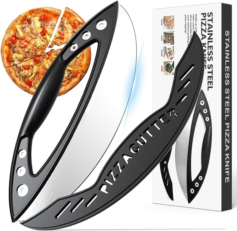 AILUROPODA 12-Inch Pizza Rocker Blade Cutter, Stainless Steel with Protective Cover, Silver - Product Image