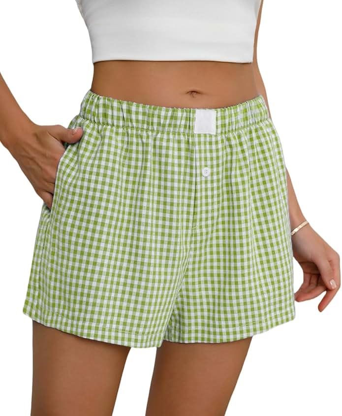 Lziizl Womens Boxer Shorts Cotton Summer Casual Pajama Y2K Sleep Gingham Plaid Shorts Bottom with Pockets - Product Image