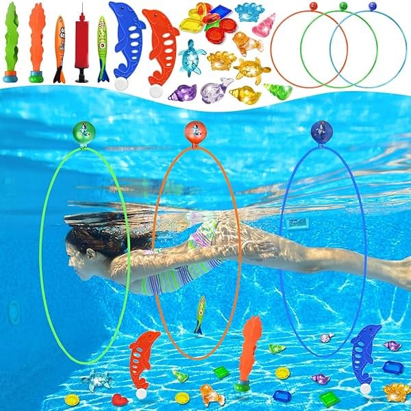 Jasonwell Pool Toys Diving Rings - 28PCS Swim Thru Rings Pool Game Diving Toys with Dive Ring Underwater Treasures Torpedo Bandits Fish Toy Fun Water Swimming Toy for Boys Girls Kids Teens Adults - Product Image