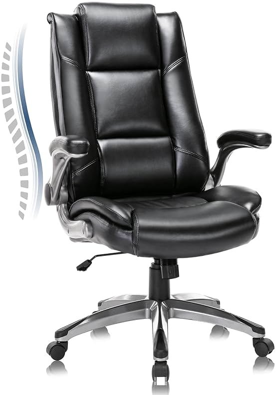 COLAMY Leather Executive Office Chair - High Back Home Computer Desk Chair with Padded Flip-up Arms, Adjustable Tilt Lock, Swivel Rolling Ergonomic Chair for Adult Working Study, Black - Product Image