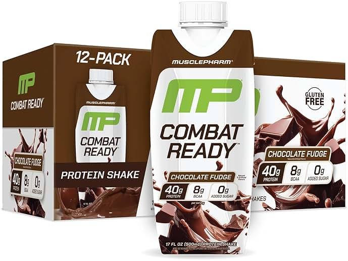 MusclePharm Combat Ready High Protein Shakes Ready to Drink, 40g Protein, 8g BCAAs, 8.7g Glutamine, 5g Fiber, No Added Sugar, Gluten Free, Liquid, Chocolate Fudge, 17 Fl Oz Bottle (Pack of 12) - Product Image