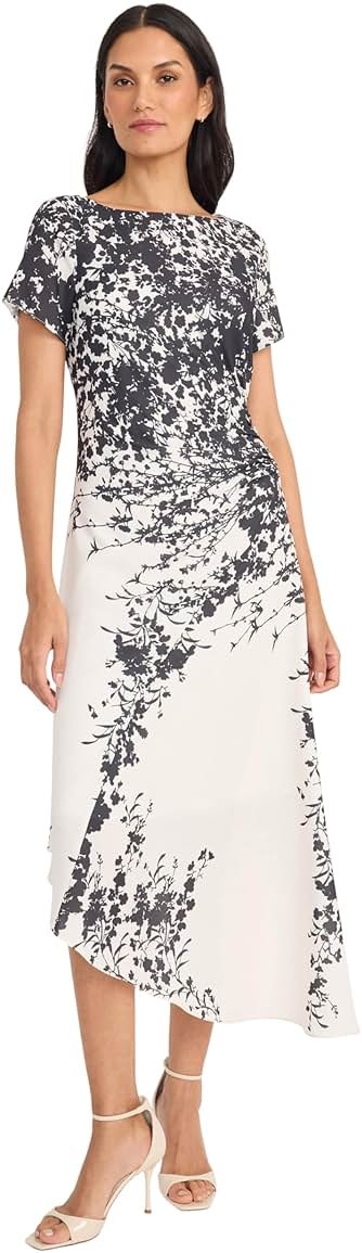 Maggy London Women's Women's Ruched Waist Asymmetrical Midi Dress - Boat Neck Short Sleeve - Special Occasion Wedding Guest Dress - Product Image