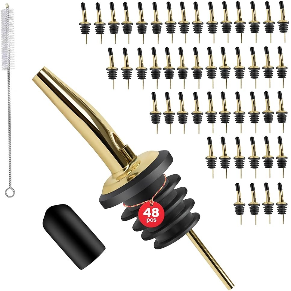 48 Pack Stainless Steel Bottle Pourers for Alcohol, Liquor, and Wine - Bar Accessories, Spouts for Bottles and Dispensers (gold) - Product Image
