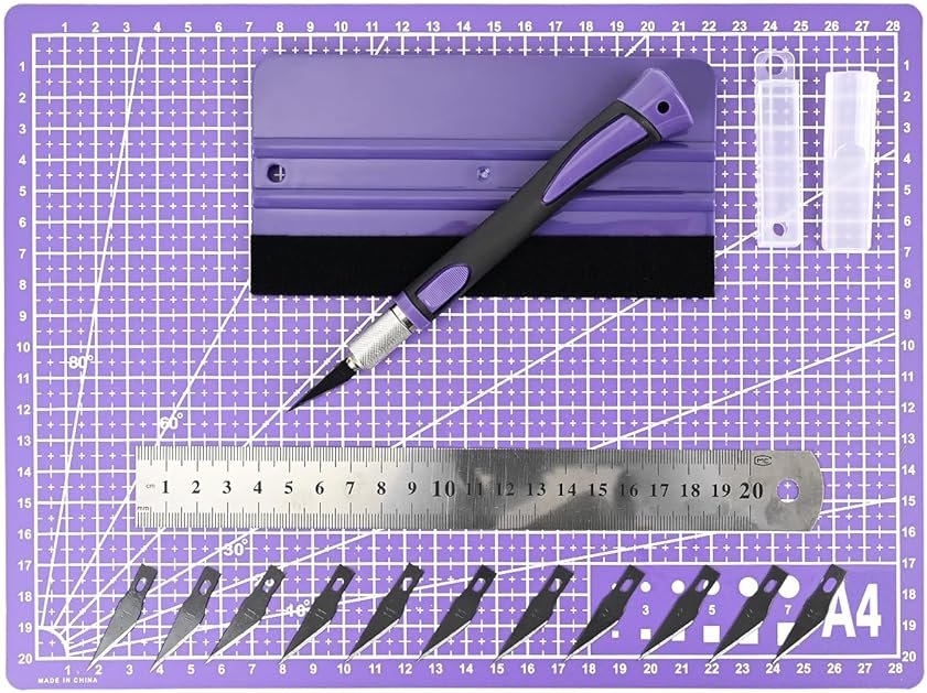 EHDIS Exacto Knife Set Utility Craft Precision Hobby Knife Tool with Cutting Mat,6 inch Vinyl Squeegee, Steel Ruler, for Sewing Crafts Hobby Fabric Precision Scrapbooking Project (Purple) - Product Image