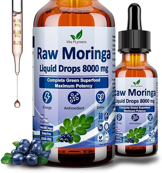 Raw Moringa Liquid Drops 8000 mg, Organic Moringa Oleifera Leaf Extract w. Supergreens Blend of Wheatgrass, Barley Grass for Antioxidant, Energy & Immune, High Potency Than Capsules Powder - Product Image