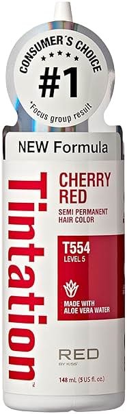 Red by Kiss Tintation Semi-Permanent Hair Color, Aloe Vera Water Based, Argan Oil, Olive Oil, Collagen & Keratin, Long-Lasting Color Dye (Cherry Red, 5 Fl Oz) - Product Image