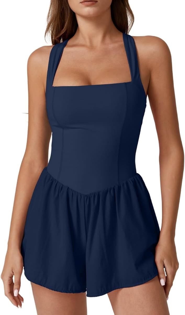 QINSEN Women's Square Neck Sleeveless Romper Jumpsuit Casual Summer One Piece Outfit with Pocket - Product Image