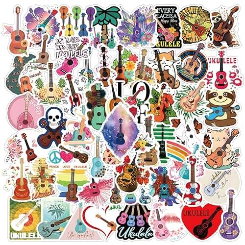 60pcs Ukulele Stickers Pack, Aesthetic Vinyl Waterproof Sticker Decals for Water Bottle,Laptop,Phone,Skateboard,Scrapbooking,Bumper for Party Supply Decor Favor… - Product Image
