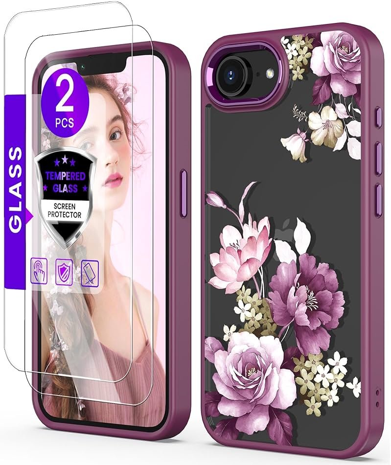 DagoRoo for iPhone 16E/17E Case+Tempered Glass Screen Protector, [Military Grade Protective] Slim Soft TPU & Hard PC,Girls Women Crystal Clear Flower Pattern Cover for iPhone 16E/17E-Purple - Product Image