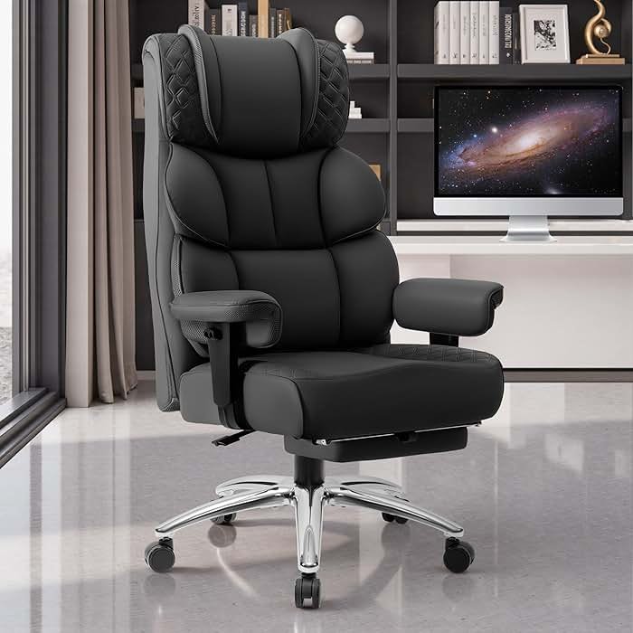 BestGlory Office Desk Chair, Big and Tall Leather Gaming Chair with Footrest, Wide Ergonomic Comfy Executive High-Back Reclining Computer Chairs, Swivel Rolling Wheels and Padded Lumbar Support, Black - Product Image