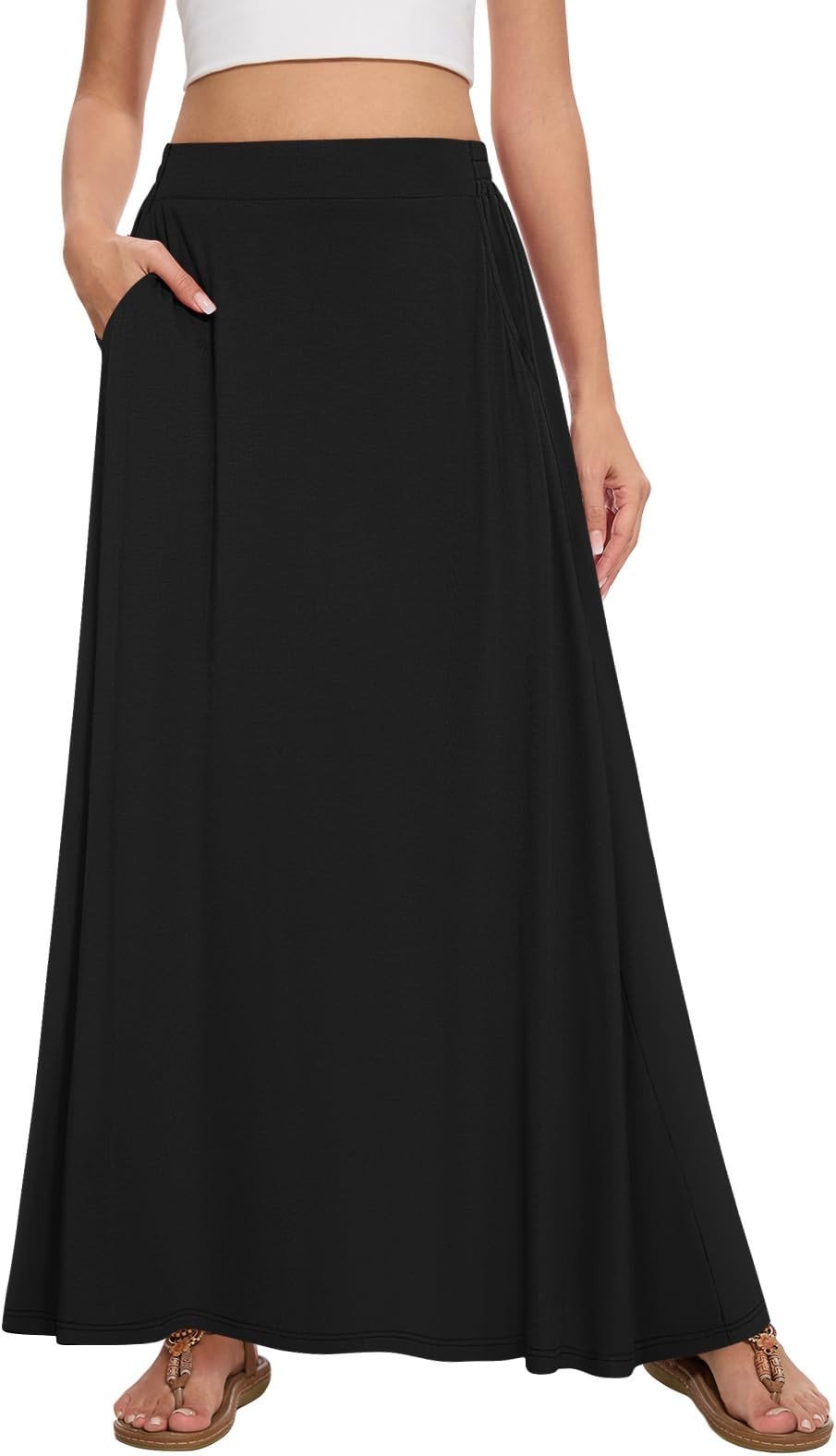 Leafsay Womens Maxi A-line Long Skirt Casual 2026 Elastic High Waist Flowy Skirts with Pockets - Product Image