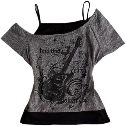 Emo Grunge Shirts Women 2000s Graphic Baby Tees Fake Two Piece Short Sleeve Vintage Y2k Crop Top Goth Alt Clothes - Product Image