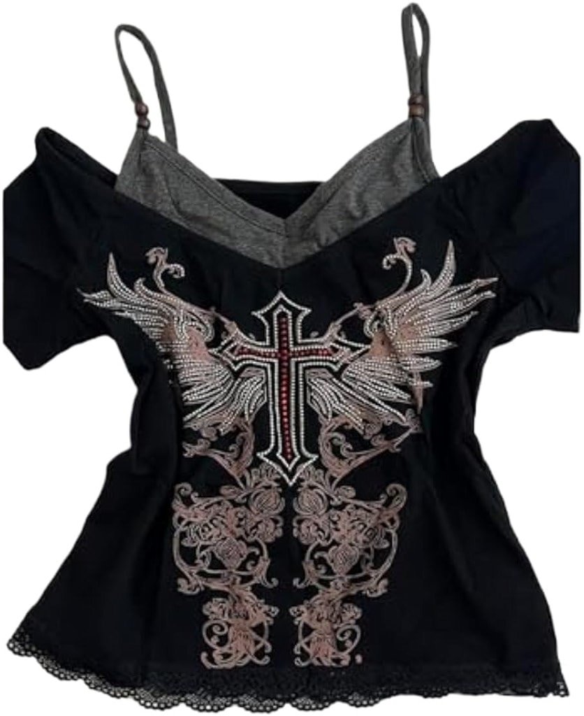Emo Grunge Shirts Women 2000s Graphic Baby Tees Fake Two Piece Short Sleeve Vintage Y2k Crop Top Goth Alt Clothes - Product Image
