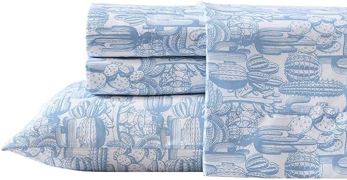 Wrangler - King Size Sheet Set, Ultra-Soft & Wrinkle-Resistant Bedding for Year Round Comfort, Deep Pockets, Bed Sheets with Matching Fitted Sheet & Pillowcases (Cactus Toile Blue) - Product Image