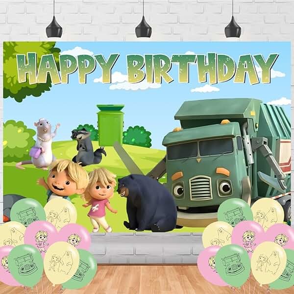 Ezcpigei Trash Truck Birthday Banner - 5x3ft, Green, 18pcs Balloons, Indoor, Wall Mount, Rectangular, Standard Banner, Waste Management Facility/Garbage Dump Theme, Children, Birthday Occasion - Product Image