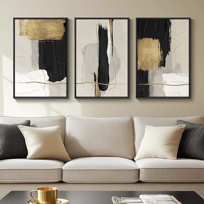 Framed Black and White Abstract Wall Art, 3 Piece Canvas Prints Paintings Artwork for Walls, Modern Minimalist Gold Beige Block Pictures for Living Room Hallway Office Wall Decor 16x24 Inch - Product Image