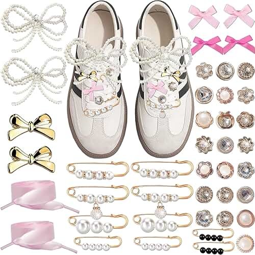 Pazpsar Shoe Charms for Sneakers, 42Pcs Ribbon Shoe Laces Women Shoelace Charms with Bows/Clips/Pins/Jewelry,Sock Shoe Decoration Charms,Shoe Jewelry for Sneakers,Hot Pink Shoe Accessories - Product Image