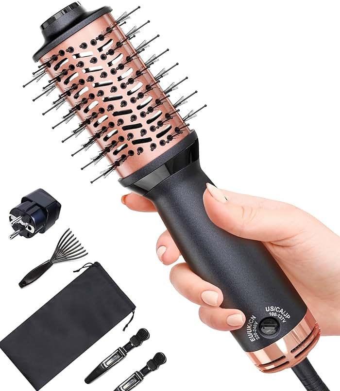 Travel Dual Voltage Hair Dryer Brush, Small Hot Air Brush for European Travel, Compact 2 Inch One Step Blowout and Volumizer Hair Blow Dryer with Oval Design, Rose Gold - Product Image