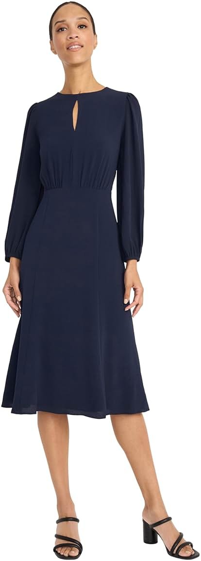 Maggy London Women's Women's Long Sleeve Keyhole Neck A-line Midi Dress with Bishop Sleeves - Fitted Waist - Wedding Guest Dress - Product Image