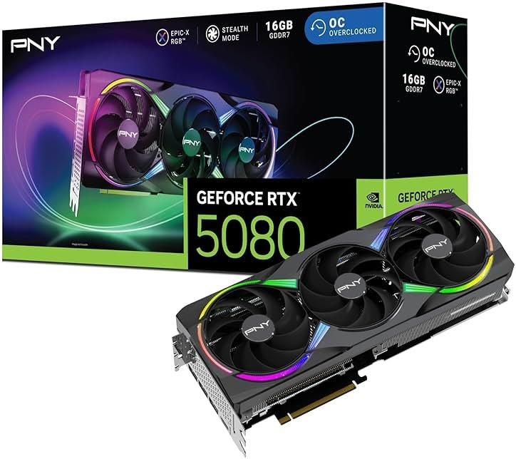 PNY NVIDIA GeForce RTX™ 5080 Epic-X™ ARGB OC Triple Fan, Graphics Card (16GB GDDR7, 256-bit, Boost Speed: 2775 MHz, PCIe® 5.0, HDMI®/DP 2.1, 2.99-Slot, NVIDIA Blackwell Architecture, DLSS 4) - Product Image