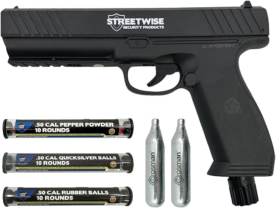 Streetwise Heat Self Defense Pepper Launcher - .50 Cal CO2 Powered Semi-Automatic 6-Round Launcher, Picatinny Rail, 450 FPS, 60 Ft Range, Includes Pepper Irritant Rubber Metal Rounds - Product Image