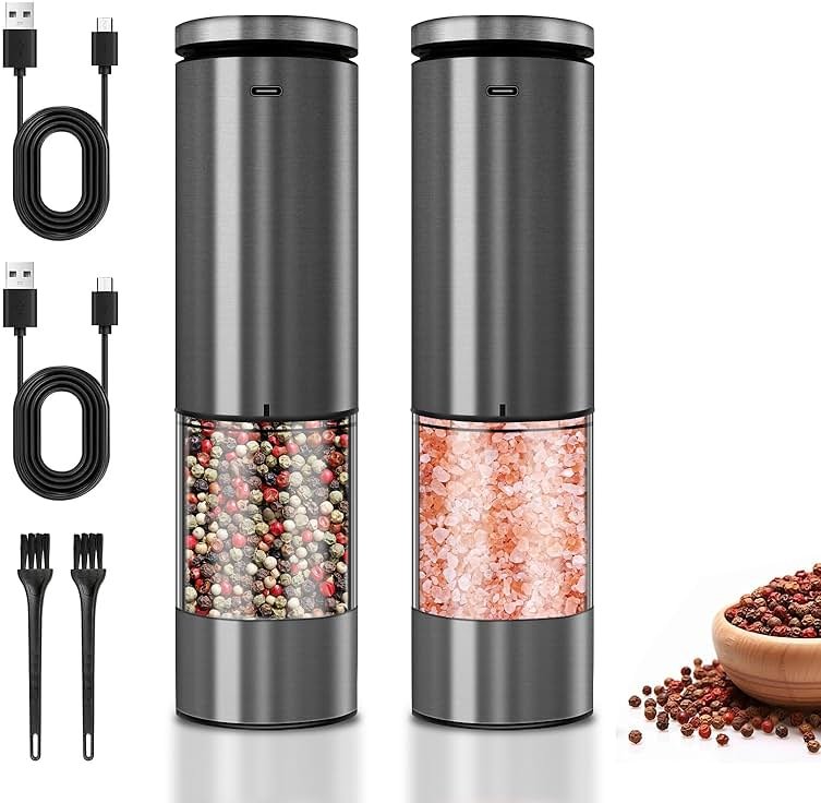 XWXO Electric Salt and Pepper Grinder Set Stainless Steel Salt and Pepper Mill Led Light Automatic One Handed Operation Rechargeable Adjustable Shakers Ceramic Rator 2 Pack Black Stainless Steel - Product Image