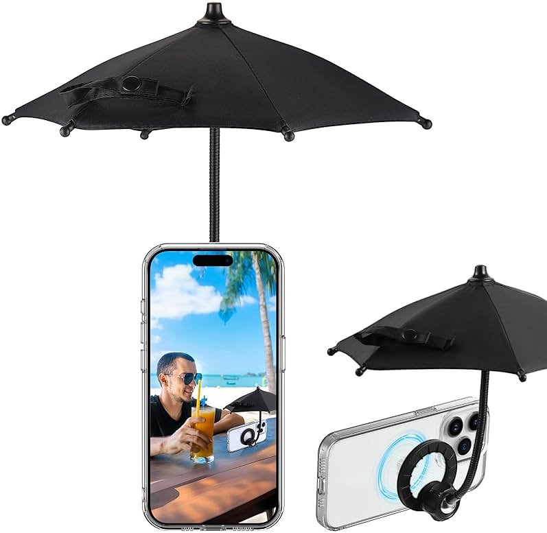 OUTXE Magnetic Phone Umbrella, Universal Mini Tanning Sun Shade Cover Compatible with Magsafe Cell iPhone/Android/iPad/Kindle (Black) - Product Image
