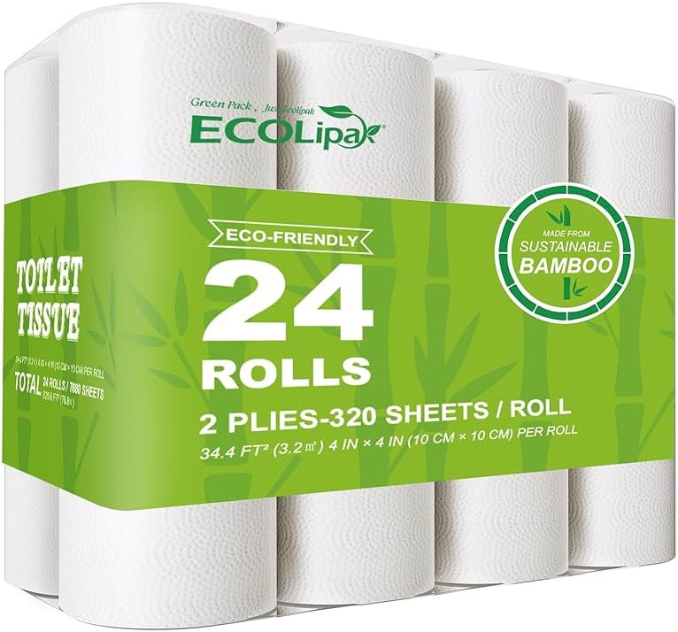ECOLipak Bamboo Toilet Paper, Septic Safe Toilet Tissue, 24 Double Rolls, 320 Sheets Per Roll, Tree Free, Non Toxic, 2 Ply, Soft and Absorbent, Eco Friendly Dye-Free Paper - Product Image