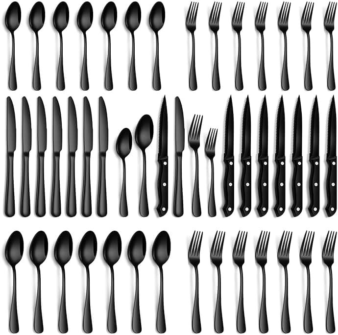 PHILIPALA Black Silverware Set, 48-Piece Flatware Set with Steak Knives for 8, Stainless Steel Mirror Cutlery Include Forks Spoons and Knives Set, Dishwasher Safe Utensils Set for Home Restaurant - Product Image