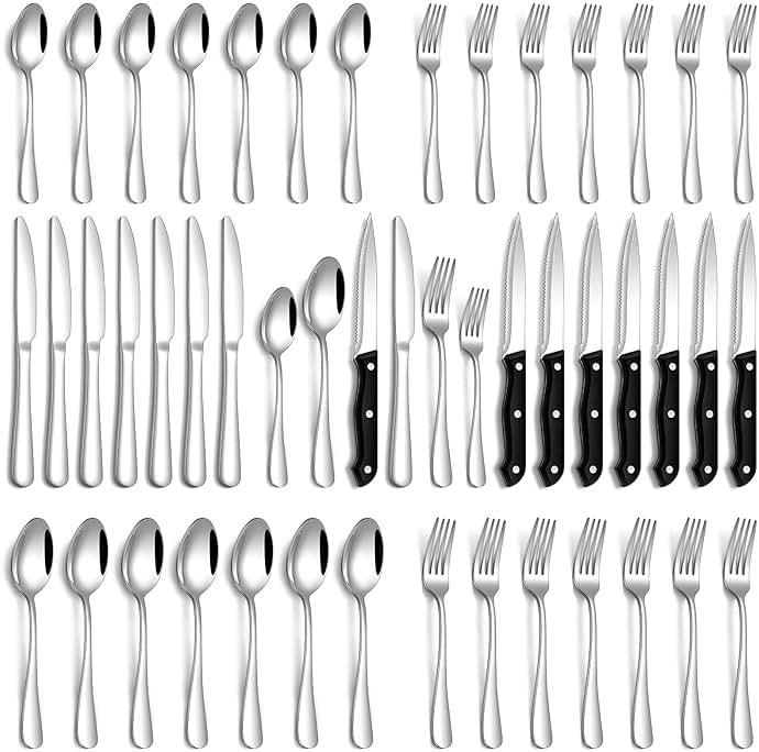 PHILIPALA Silverware Set, 48-Piece Flatware Set with Steak Knives for 8, Stainless Steel Mirror Cutlery Include Forks Spoons and Knives Set, Dishwasher Safe Utensils Set for Home Restaurant - Product Image