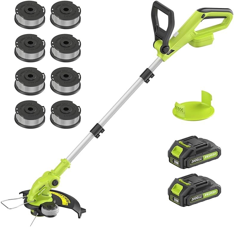 JAGROM Electric String Trimmer Cordless with 2x2.0Ah Battery, 20V Battery Powered 12-inch Lawn Mover & Edger Lawn Tool with Charger, Powered Grass Trimmer with 8pcs Spool Line for Yard, Garden, Green - Product Image