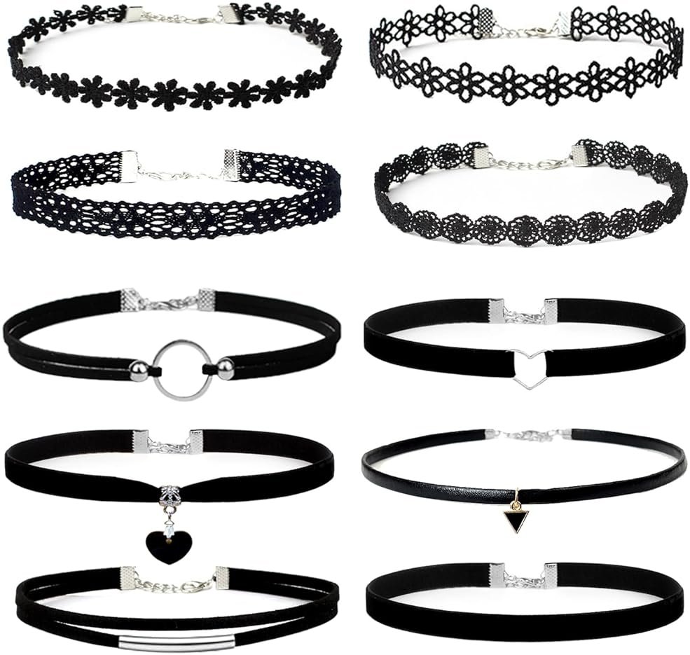 YOKER 10 Pcs Black Necklaces for Women Adjustable Layered Velvet Choker Set Classic Gothic Tattoo Lace Chokers - Product Image